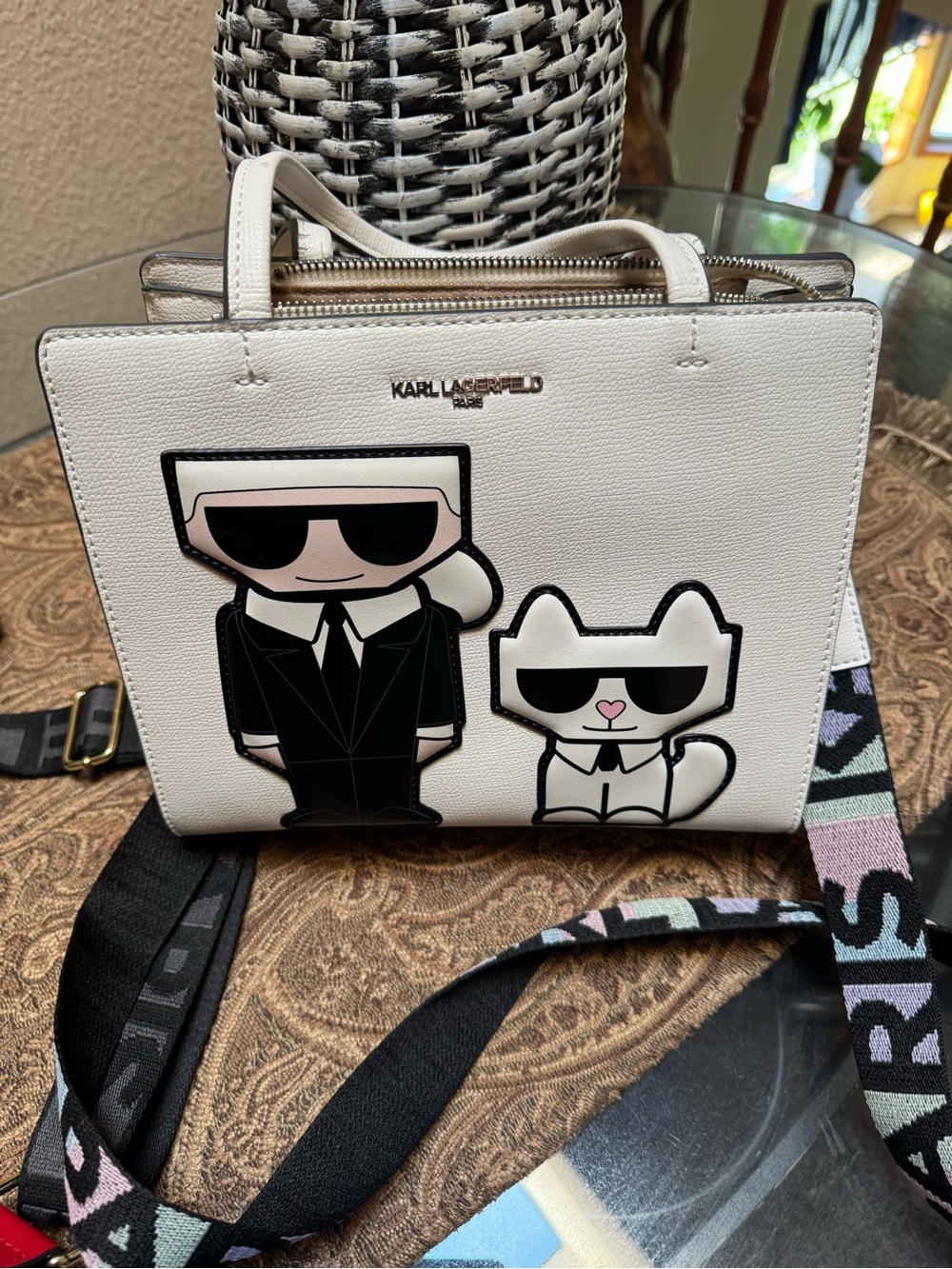 Karl Lagerfeld White Leather Cartoon Appliqué Messenger Bag